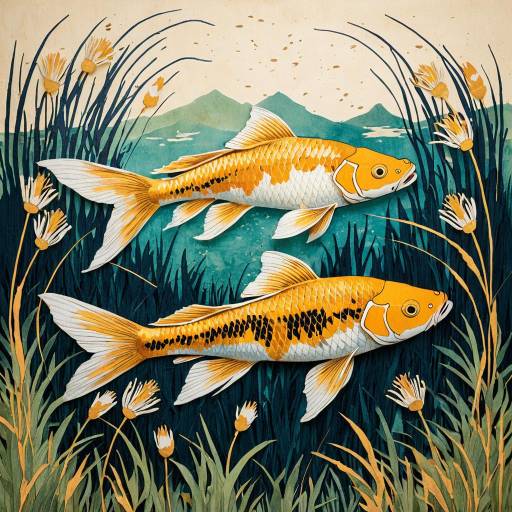 Golden Koi Fish in Meadow Lithograph
