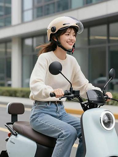 Smiling Woman Riding Light Blue Electric Scooter