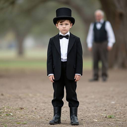 Photograph of a young boy in a black top hat, black suit, white shirt, black bow tie, and boots, standing on a dirt path