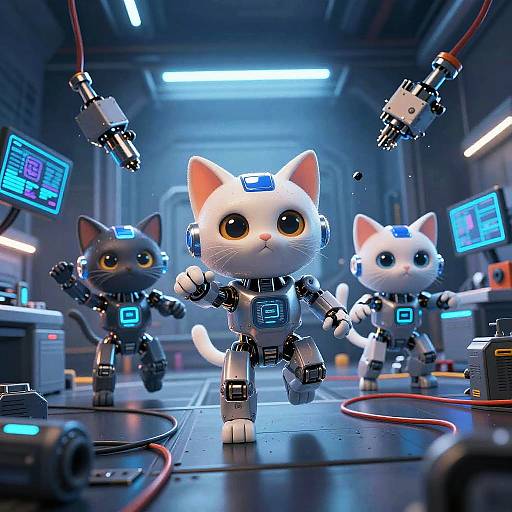 CGI image of three adorable, robotic kittens with blue glowing eyes and mechanical bodies in a futuristic laboratory with blue screens.