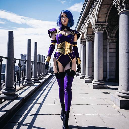 Woman in Purple and Gold Cosplay Costume on Rooftop