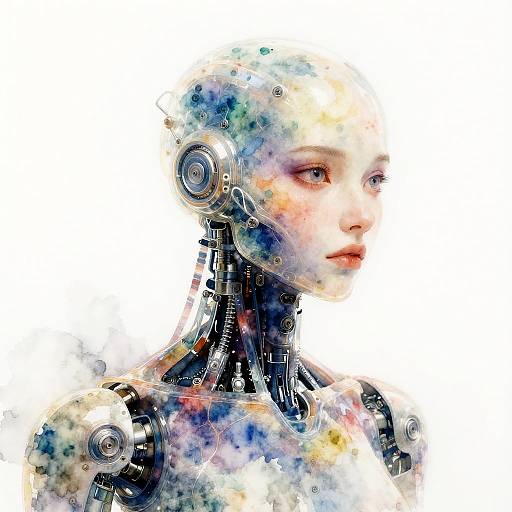 Digital art of a cybernetic woman with a watercolor blend of colors, featuring robotic joints and circuits, gazing forward.