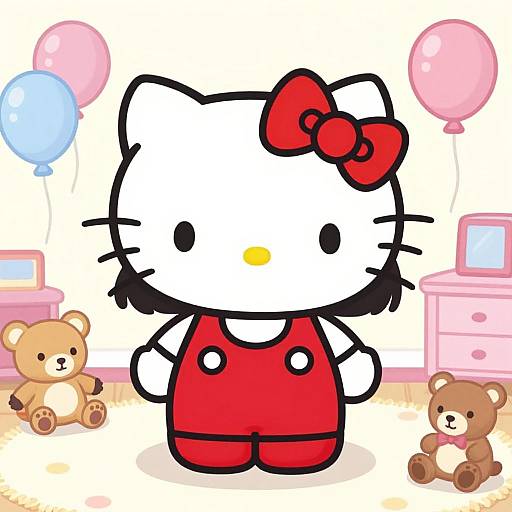 Cartoon Hello Kitty in red outfit with red bow, standing in room with teddy bears, balloons, and pastel furniture.