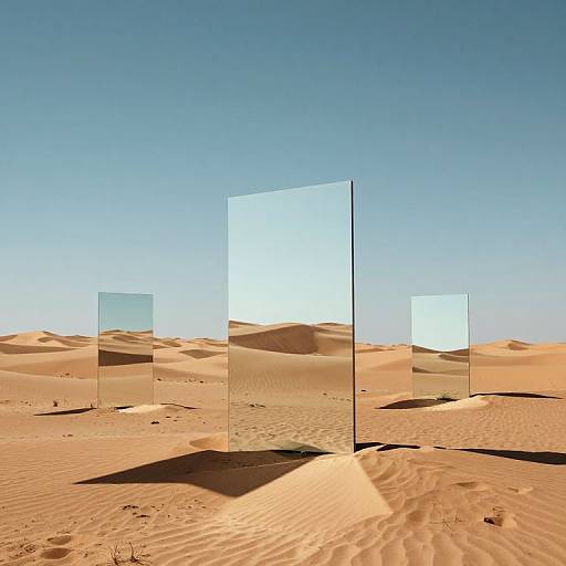 Photograph of three transparent glass panels standing in a vast, sunlit desert with golden sand dunes and a clear blue sky.
