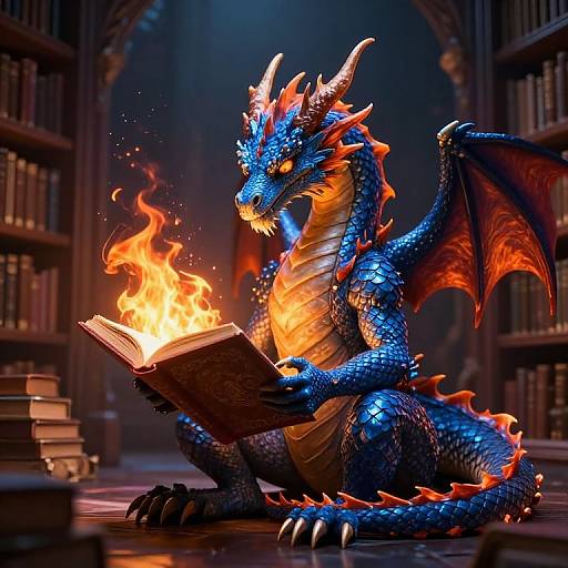Dragon Reading Fiery Book in Library