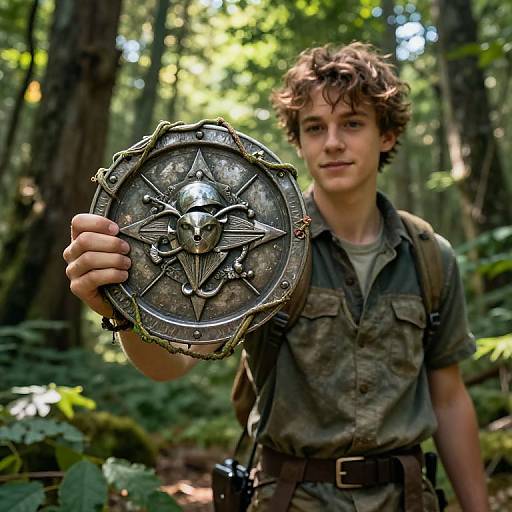 Young man with curly brown hair holds a detailed, metallic shield with a skull and wings in a sunlit forest.
