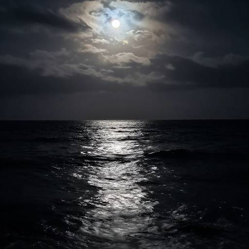 Moonlit Ocean Under Cloudy Night Sky