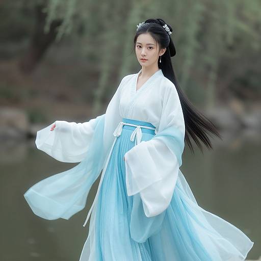 Wuxia Woman in Blue Hanfu