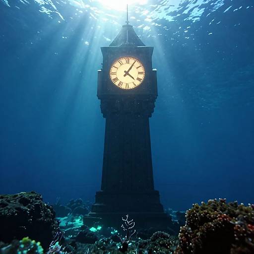 Photograph of an underwater clock tower with glowing face, surrounded by coral reefs, and illuminated by sunlight rays from above.