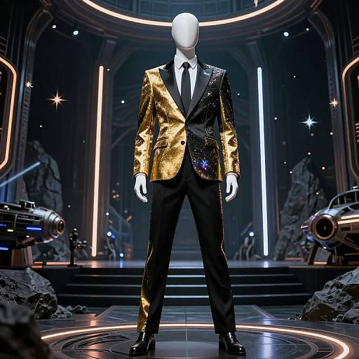 Photograph of a faceless mannequin in a shiny gold and black sequined suit, white shirt, and black tie, standing in a futuristic