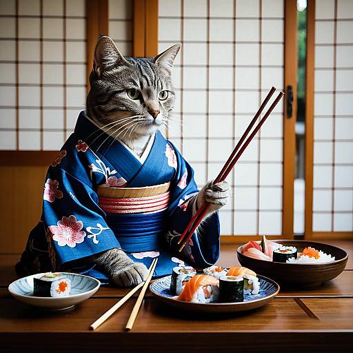 Cat in Kimono Eating Sushi