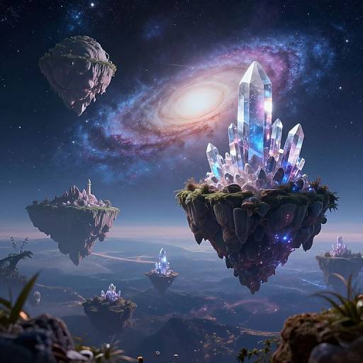 Fantasy CGI: Floating crystal islands with glowing crystals, surrounded by a starry, cosmic sky with a luminous galaxy, above a reflective ocean.