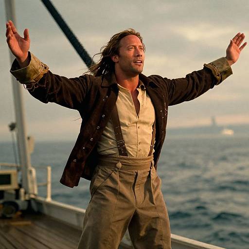 Photograph of a long-haired man with open arms, wearing a black jacket, beige shirt, and brown pants, standing on a ship deck at sunset