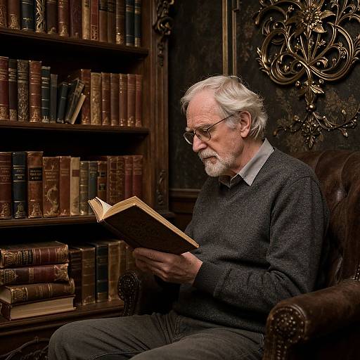Photograph of an elderly white man with white hair and beard, wearing glasses and a dark sweater, reading a book in a dimly lit, orn