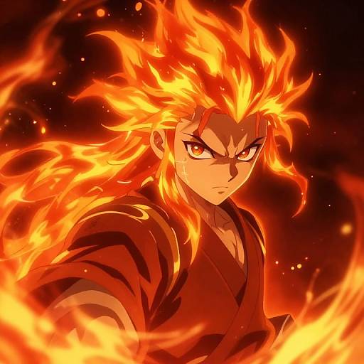 Anime-style digital illustration of a fierce, flame-haired male character with intense red eyes, engulfed in bright, fiery orange flames, against a dark background