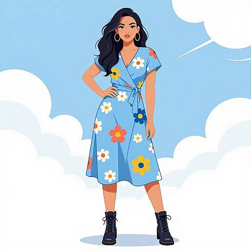 Confident Woman in Floral Dress Illustration