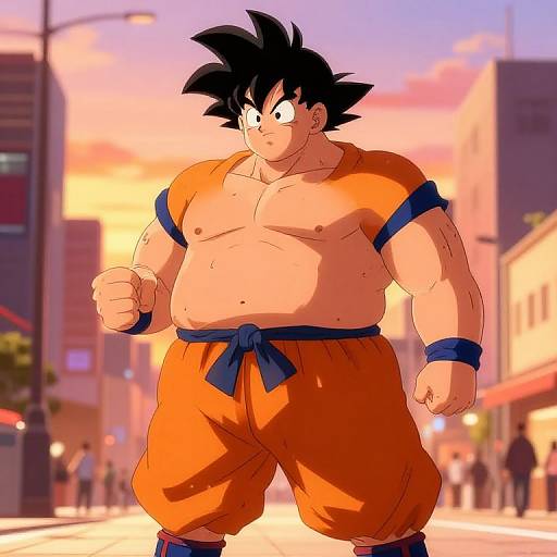 Digital anime-style drawing of a muscular, black-haired, orange-clad Son Goku standing in a sunlit, urban street, fists clenched.