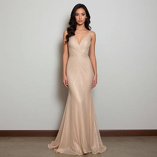 Photograph of a woman with long black hair wearing a floor-length, sleeveless, beige gown with a deep V-neck and pleated texture, standing