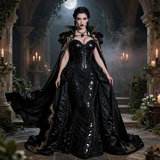 Gothic-style photograph of a dark-haired woman in a black, shiny, sequined gown with gold trim, standing in a misty, candle