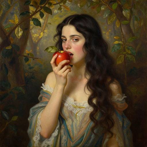 Digital painting of a fair-skinned, dark-haired woman with long curls, wearing a lace-trimmed, off-shoulder blue gown, biting