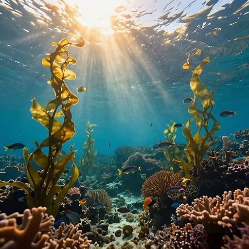 Underwater photograph of sunlit coral reef with golden seaweed, small black fish, and vibrant coral formations. Sunrays penetrate the clear blue water.