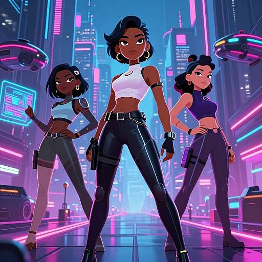 Digital art: Three confident, dark-skinned women in futuristic, neon-lit city. Central figure in white crop top and black leather pants, fl
