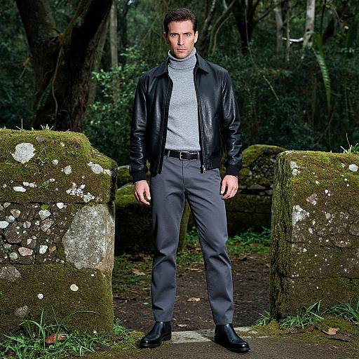 Photograph of a man with short dark hair, wearing a black leather jacket, gray turtleneck, and dark gray pants, standing between moss-covered