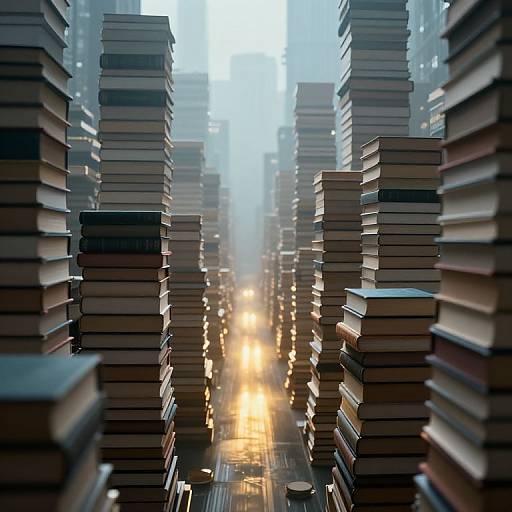 Photograph of towering stacks of books creating a narrow, illuminated pathway with bright lights in the misty background.