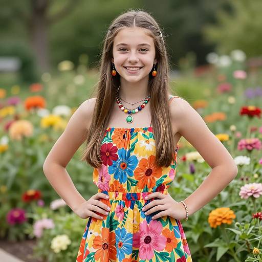 Photograph of a young Caucasian girl with long brown hair, wearing a vibrant floral dress, colorful earrings, and necklace, smiling confidently in a blooming