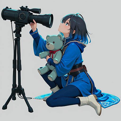 Aqua-Themed Girl Holding Teddy and Telescope
