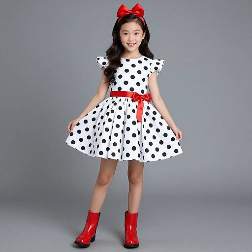 Photograph of an Asian girl with long black hair, wearing a white polka dot dress, red bow, and red boots, smiling against a gray