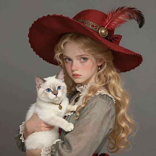 Young Girl Holding White Kitten in Ornate Outfit