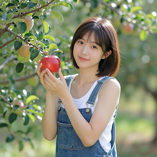 Smiling Woman in Orchard with Apple