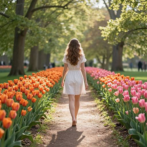 Photograph of a curly-haired girl in a white dress walking down a sunlit path flanked by vibrant orange and pink tulips in a lush,