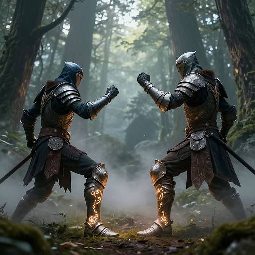 Two armored knights in a misty forest, facing off with fists raised, wearing glowing ornate boots, swords sheathed at their backs.