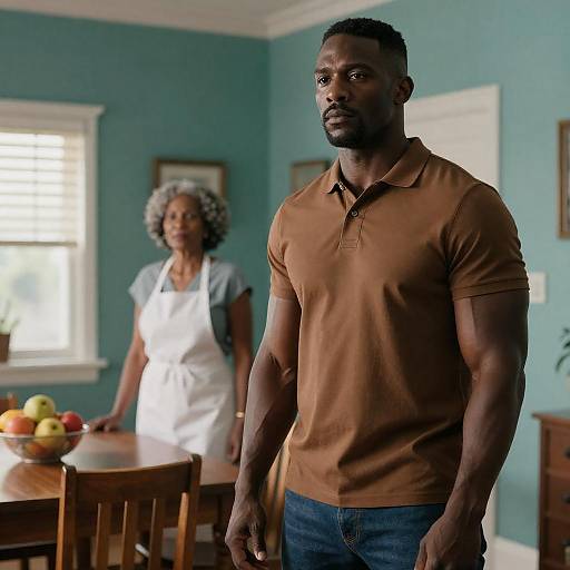 Stoic Man in Teal-Walled Dining Room