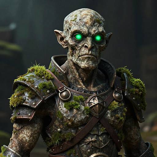 CGI orc with moss-covered armor, glowing green eyes, and rugged, textured skin stands in a dark, forested background. Mysterious and menacing