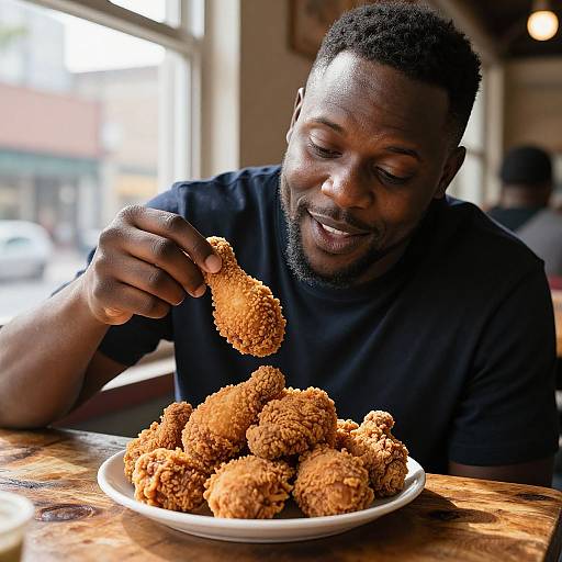 Photograph of a smiling Black man with short hair, in a black shirt, holding a crispy fried chicken nugget over a plate of golden-brown