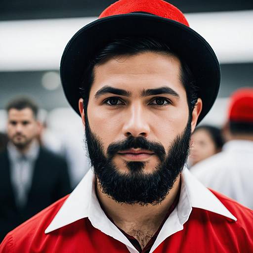 Man in Red Hat and Collared Shirt