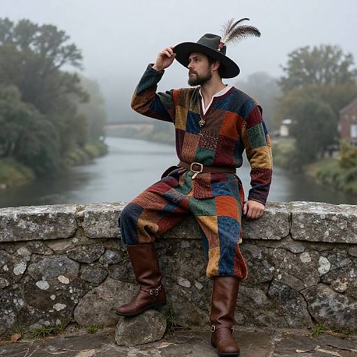Photograph of a bearded man in a colorful patchwork medieval robe and brown boots, sitting on a stone bridge, wearing a black hat with a