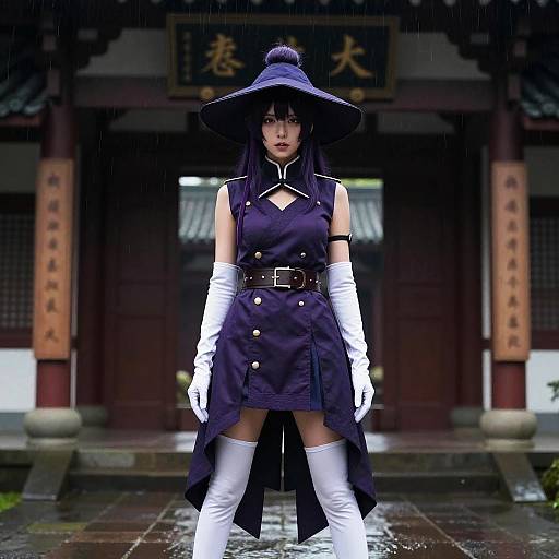 Digital anime-style illustration of a serious young woman in a black dress, white gloves, and thigh-high boots, standing in rain under a traditional Japanese building