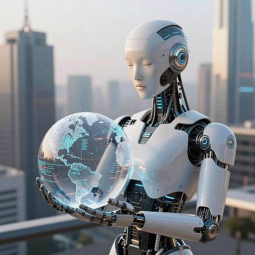 Futuristic Humanoid AI with Digital Globe