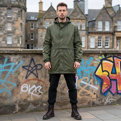 Photograph of a bearded man in an olive green coat, black pants, and boots, standing in front of a graffiti-covered stone wall with historic