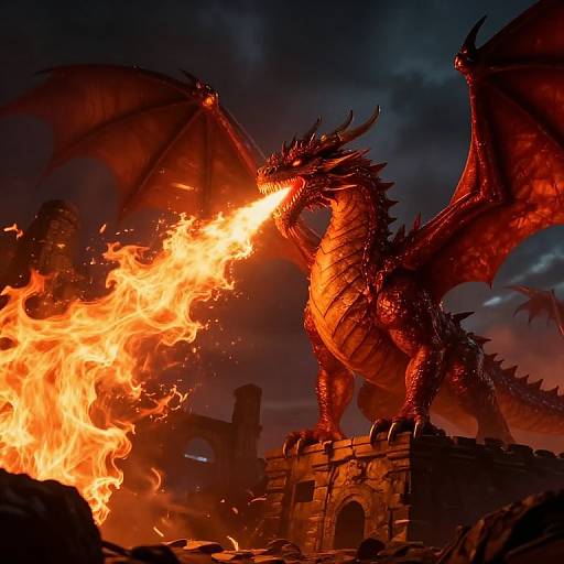Photorealistic digital artwork of a fiery red dragon breathing flames on a ruined castle under a dark, stormy sky.