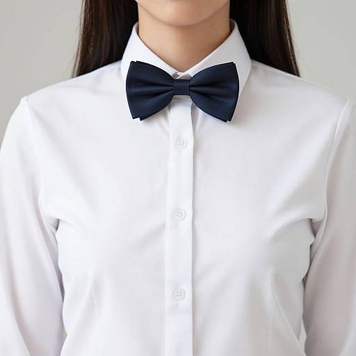 Photograph of an Asian woman with long black hair, wearing a white dress shirt and a black bow tie, cropped at the neck.