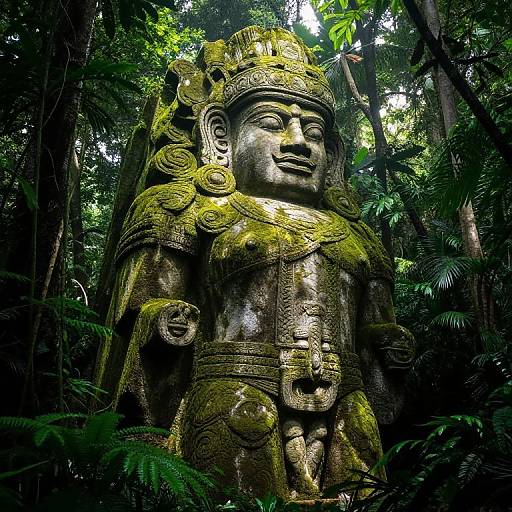 Photograph of a moss-covered, ancient stone statue of a serene, armored deity with intricate details, standing amidst dense, lush green jungle foliage.