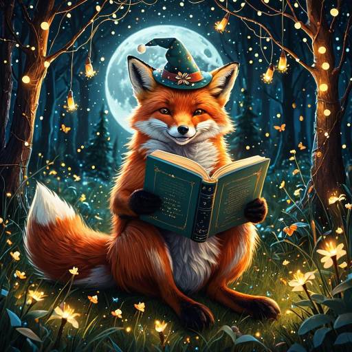 Whimsical Fox Reading Under Fairy Lights Whimsical Fox Reading Under Fairy Lights