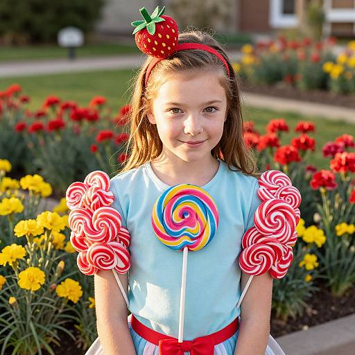 Photograph of a young girl with light brown hair, wearing a strawberry headband, light blue dress, and red candy decorations, standing in a colorful