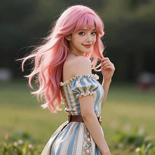 Photograph of an Asian woman with pink hair, wearing an off-shoulder blue and white striped dress, smiling in a sunlit park.