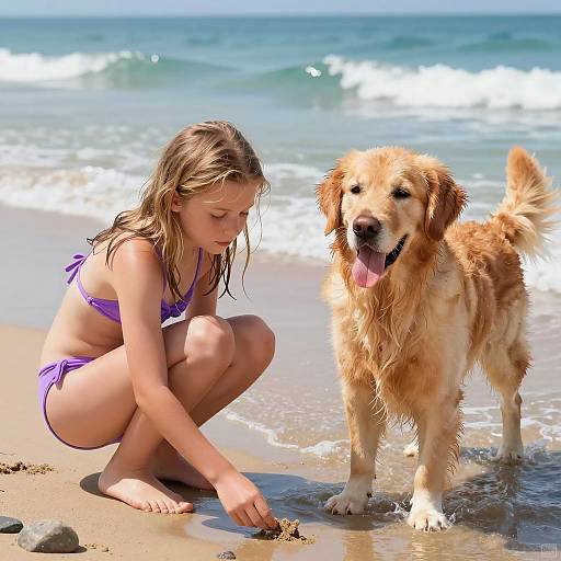 Charming Beach Scene with Girl and Dog